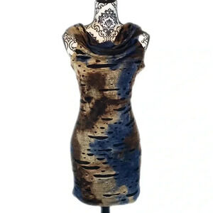 Samuel Dong Cowl Neck Brown and Blue Post Ripped Dress, L